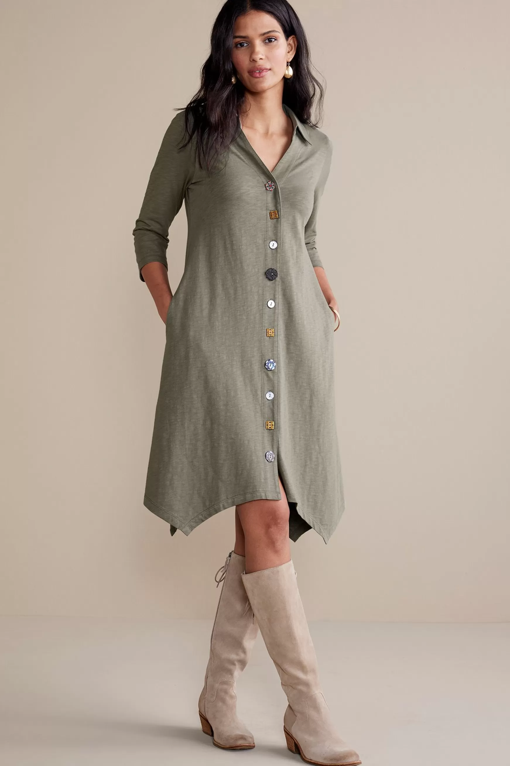 Soft Surroundings solids | short-3/4 Sleeve Danielle Button Dress