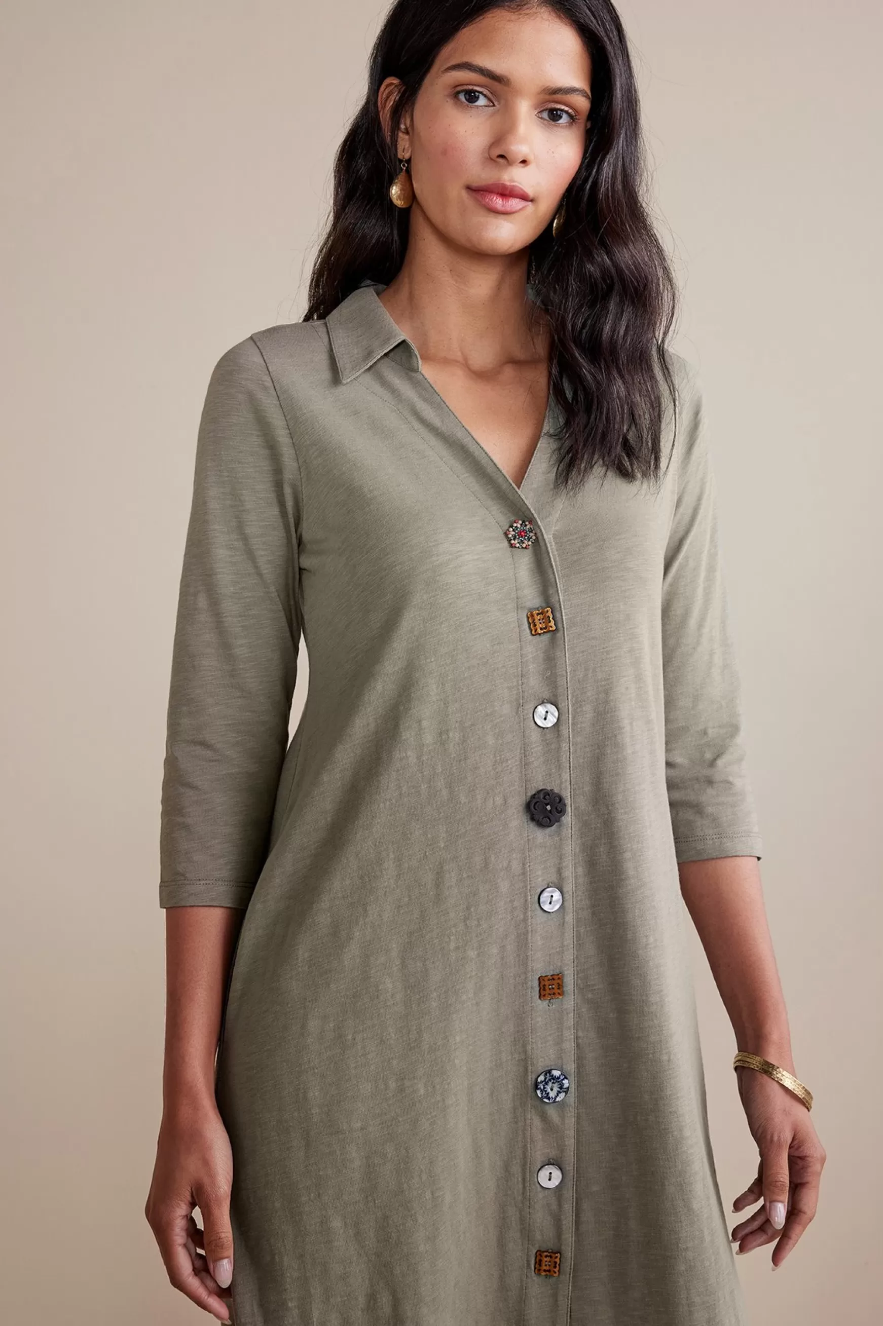 Soft Surroundings solids | short-3/4 Sleeve Danielle Button Dress