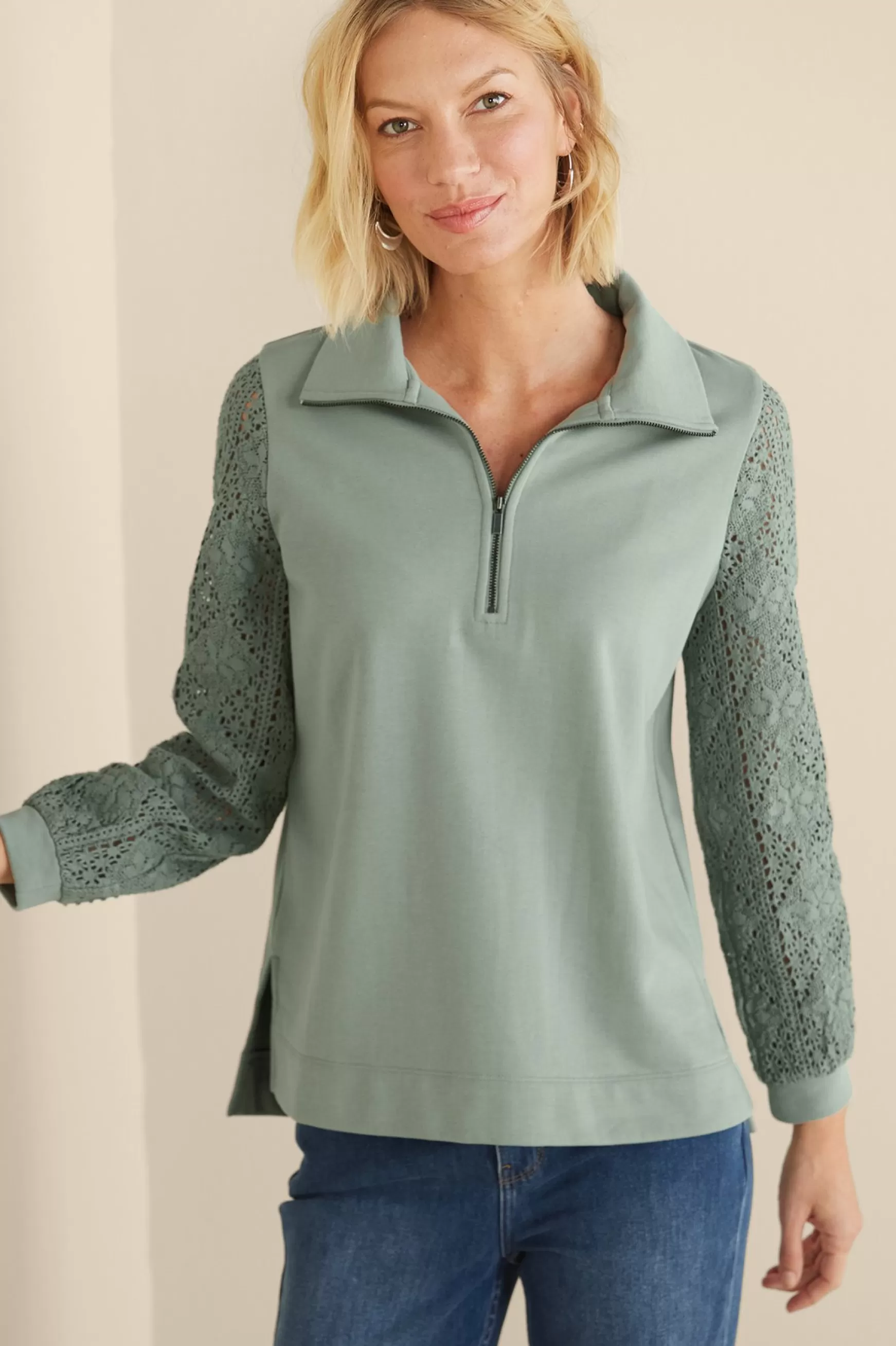 Soft Surroundings Feminine Flourish | Wear Now Styles-Crochet Sleeve French Terry Tunic