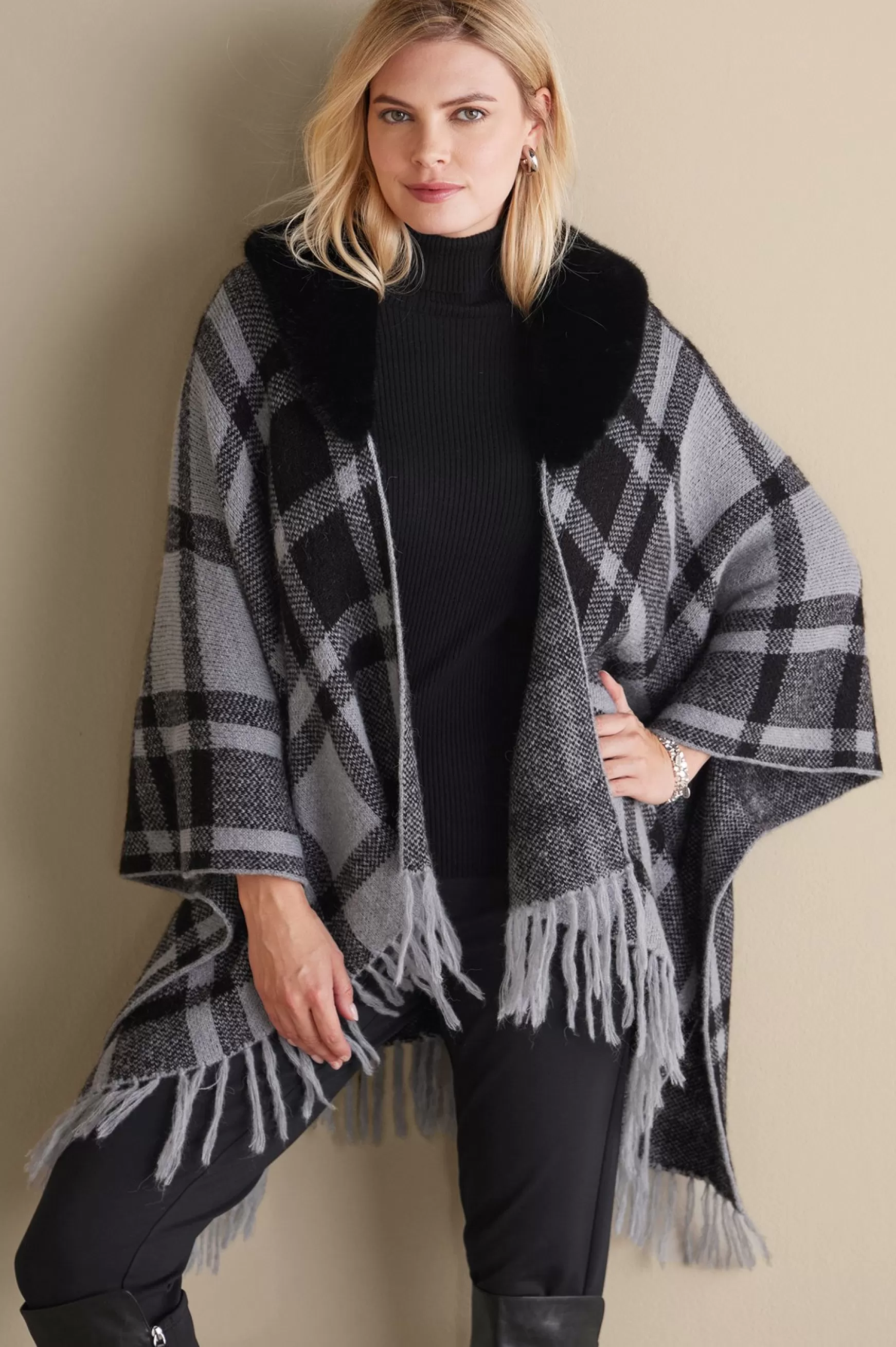 Soft Surroundings Scarves & Wraps-Demetria Plaid Poncho with Fur Collar