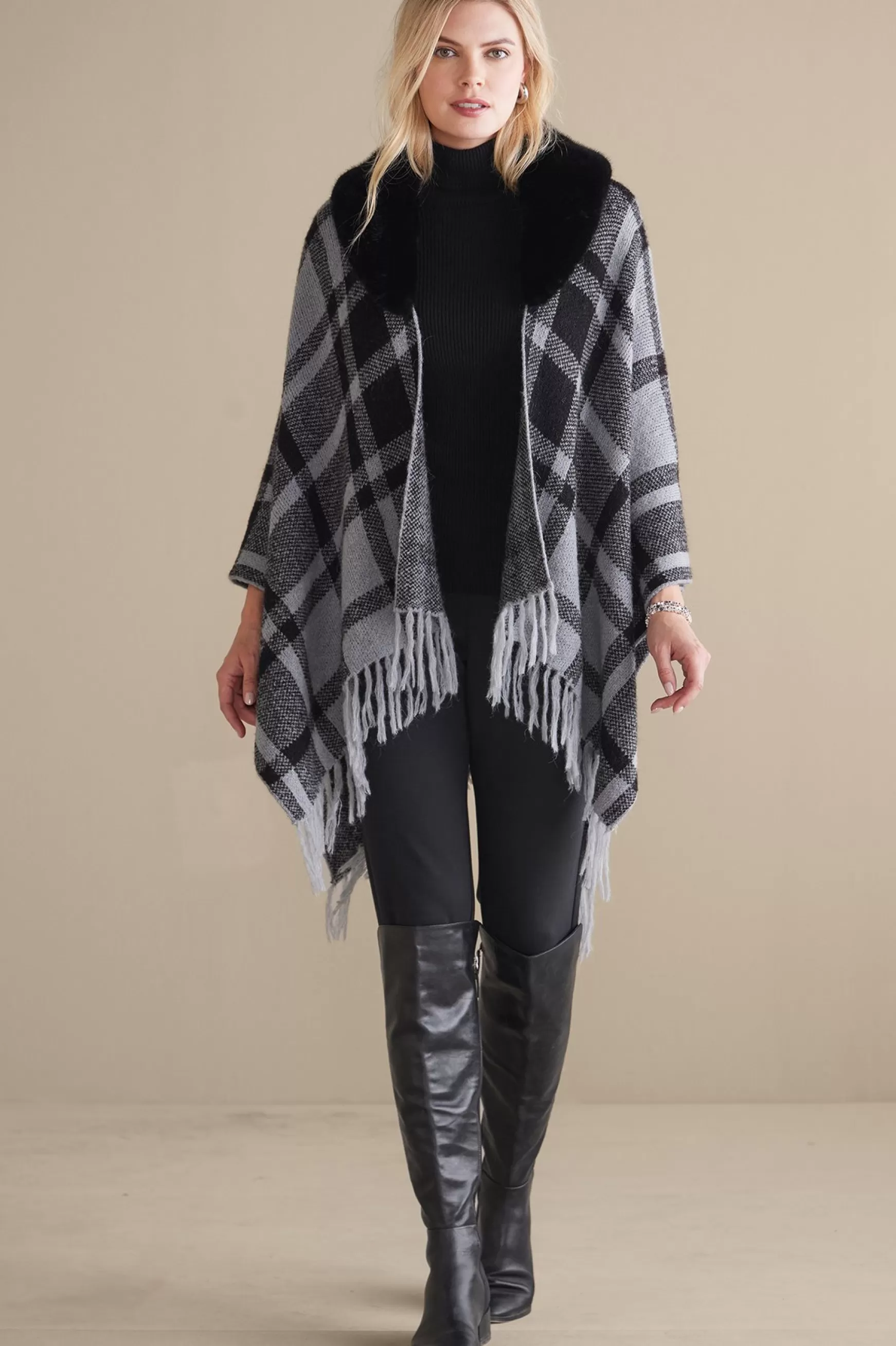 Soft Surroundings Scarves & Wraps-Demetria Plaid Poncho with Fur Collar