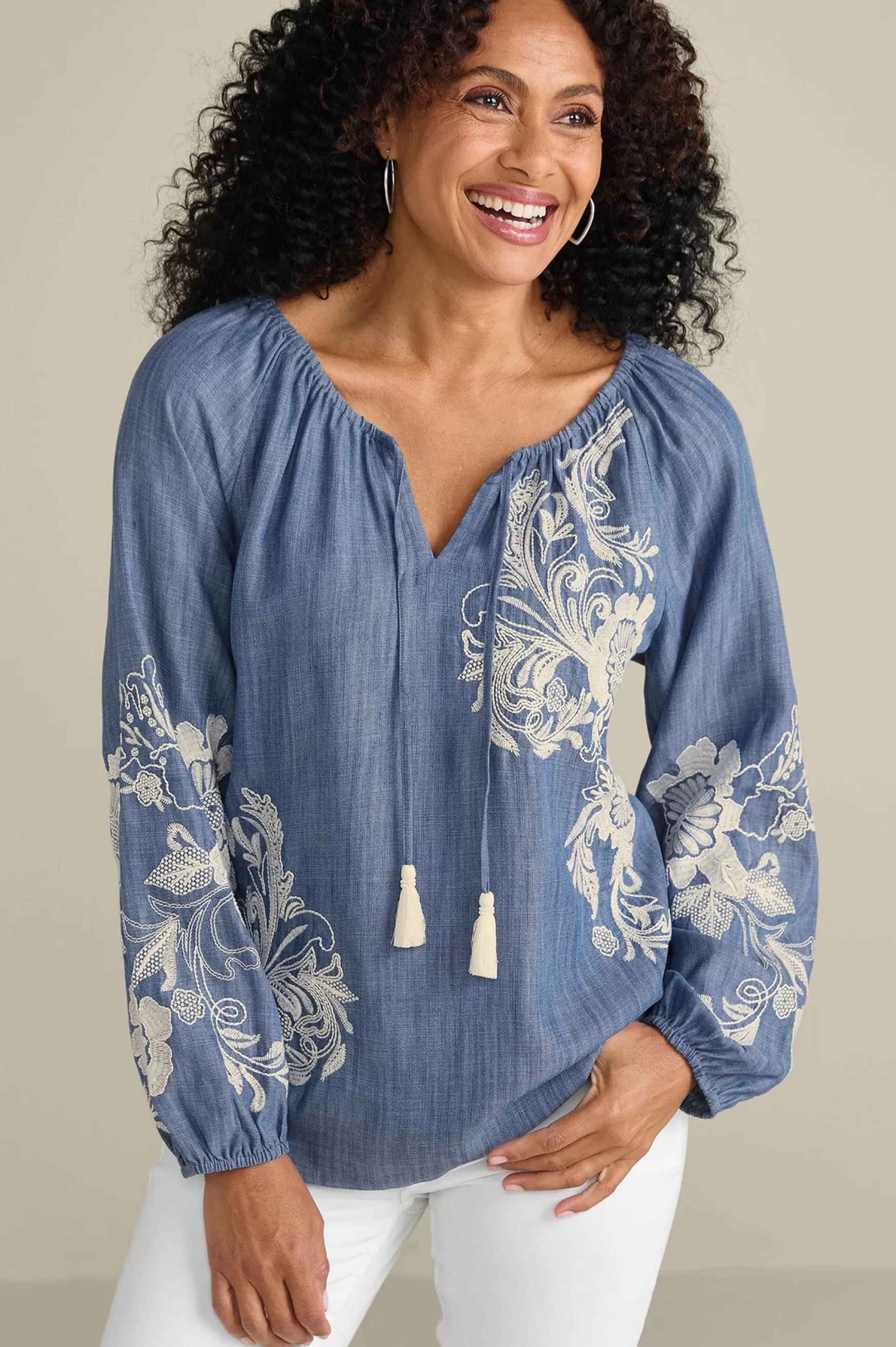 Soft Surroundings Feminine Flourish | Into The Blues-Diya Embroidered TENCEL™ Peasant Top