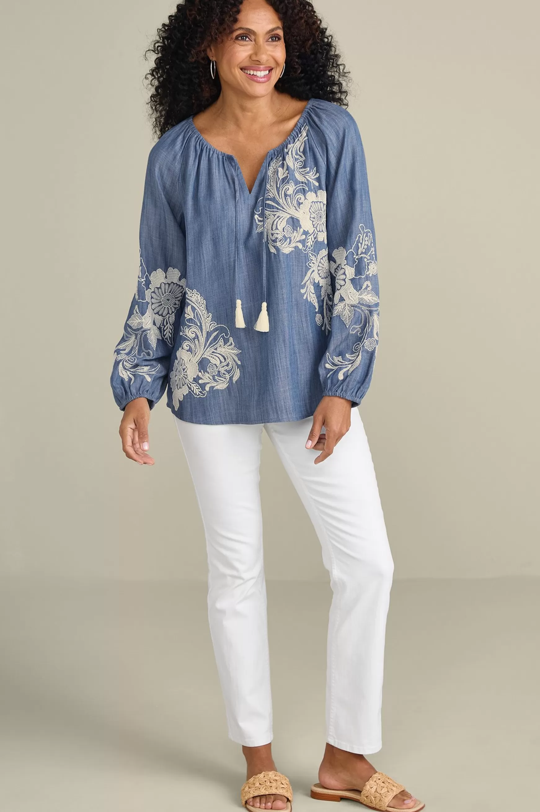 Soft Surroundings Feminine Flourish | Into The Blues-Diya Embroidered TENCEL™ Peasant Top