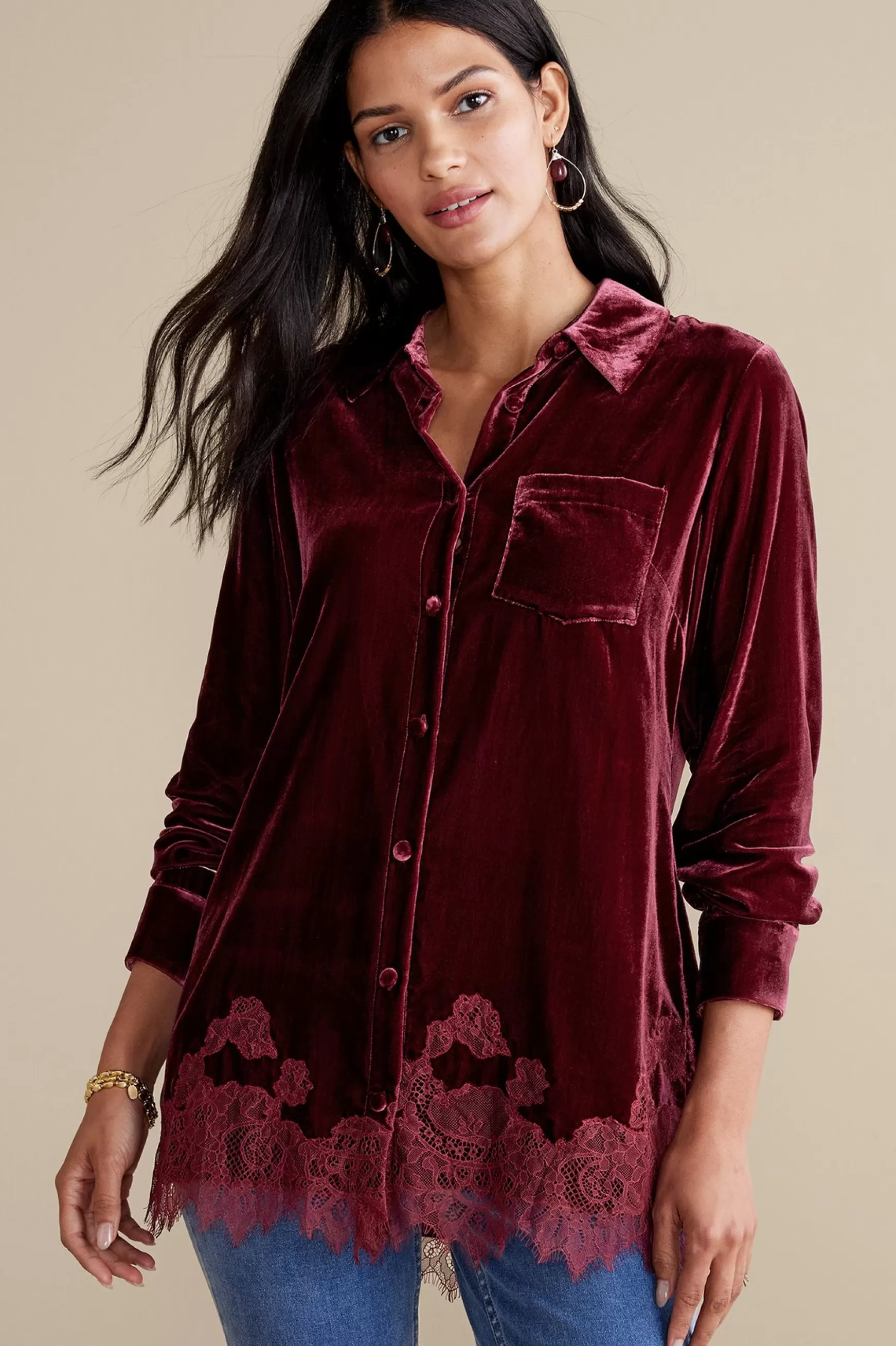 Soft Surroundings Everyday Styles | EVelvet Styles-Eden Velvet & Lace Shirt