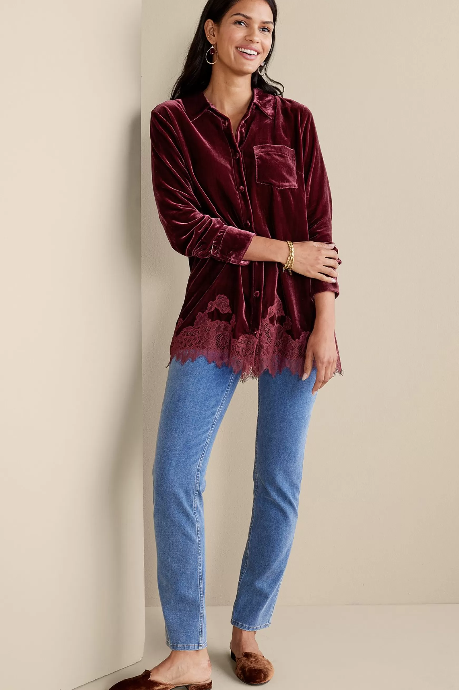 Soft Surroundings Everyday Styles | EVelvet Styles-Eden Velvet & Lace Shirt