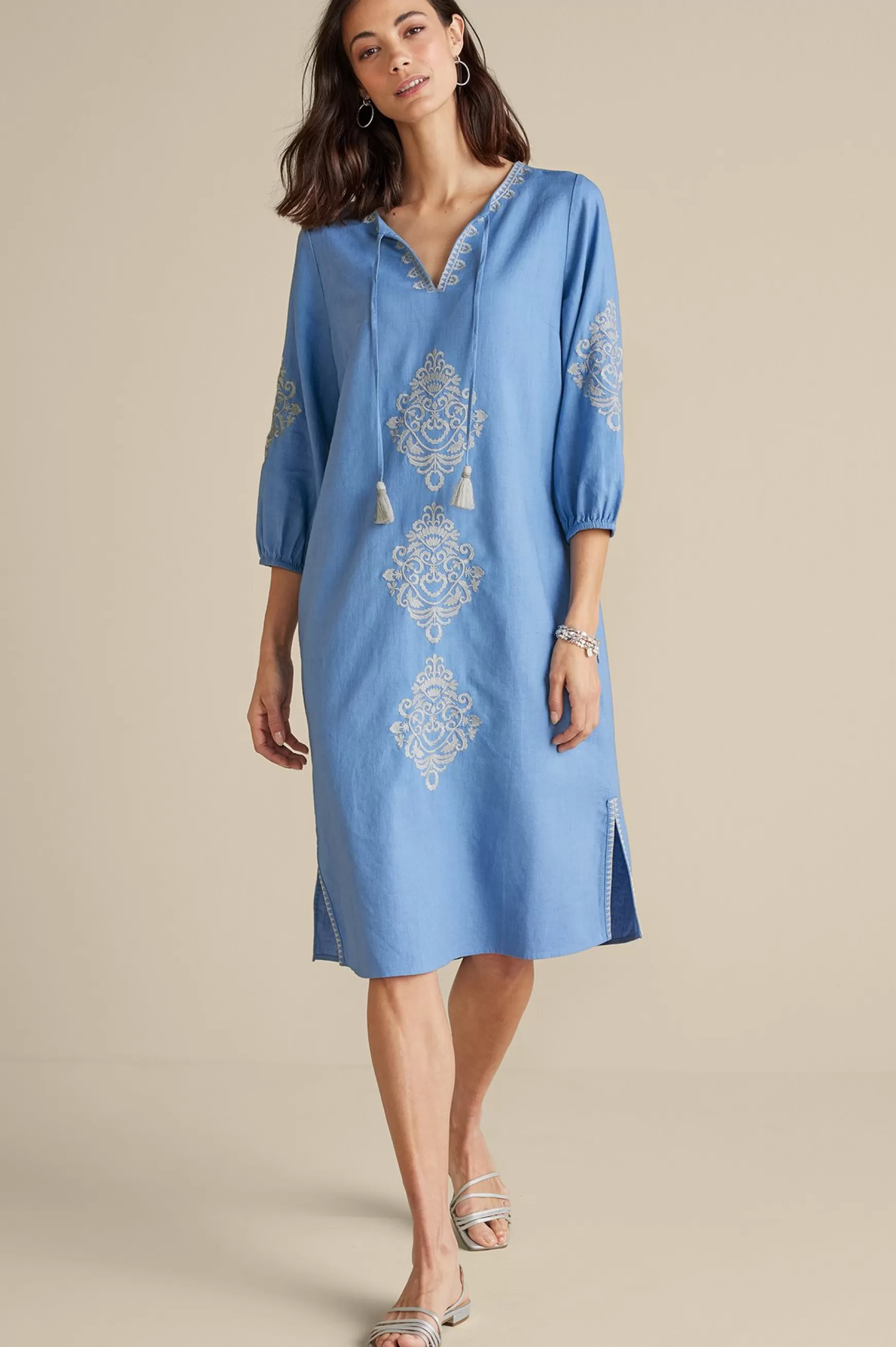 Soft Surroundings Feminine Flourish | Into The Blues-Hasana Linen Blend Midi Dress