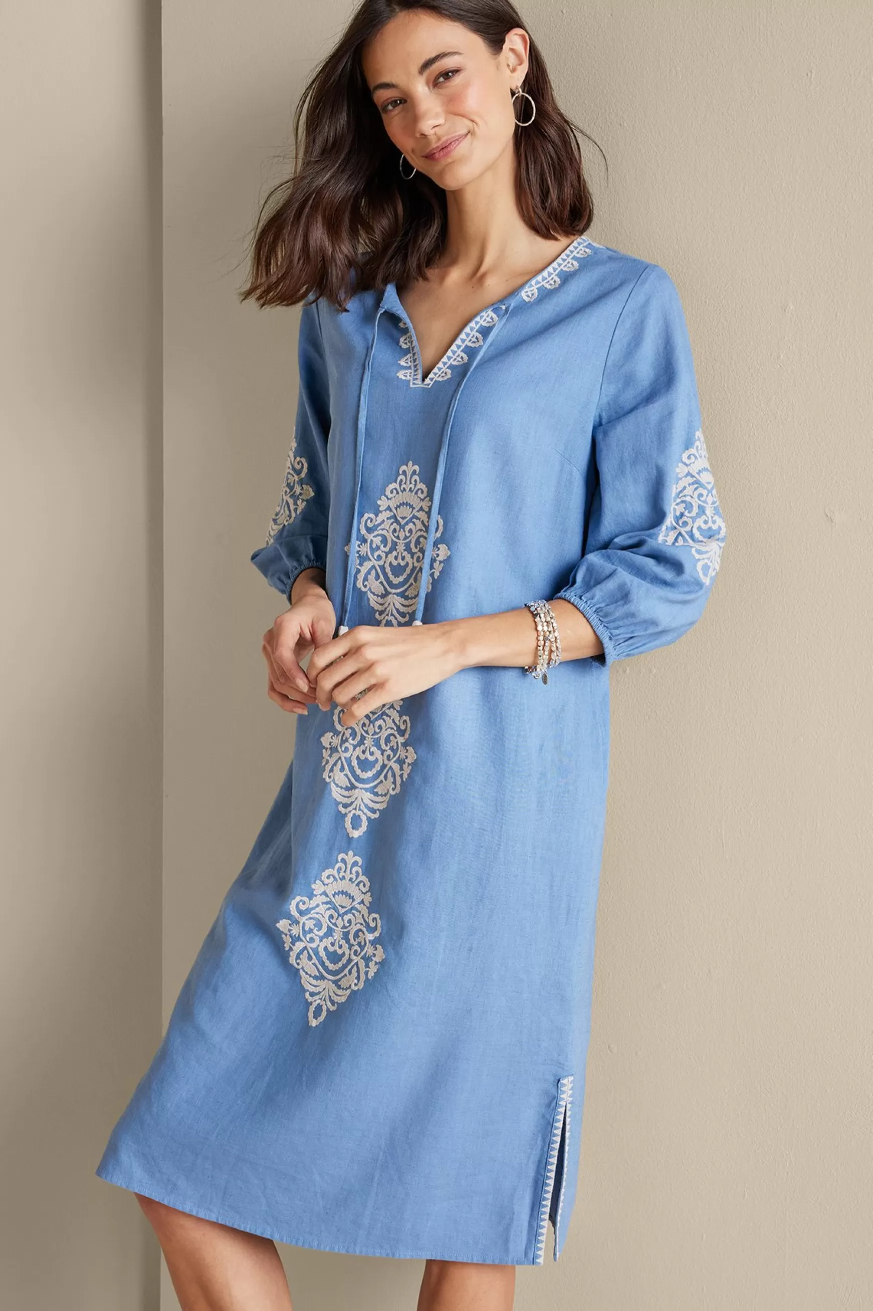 Soft Surroundings Feminine Flourish | Into The Blues-Hasana Linen Blend Midi Dress