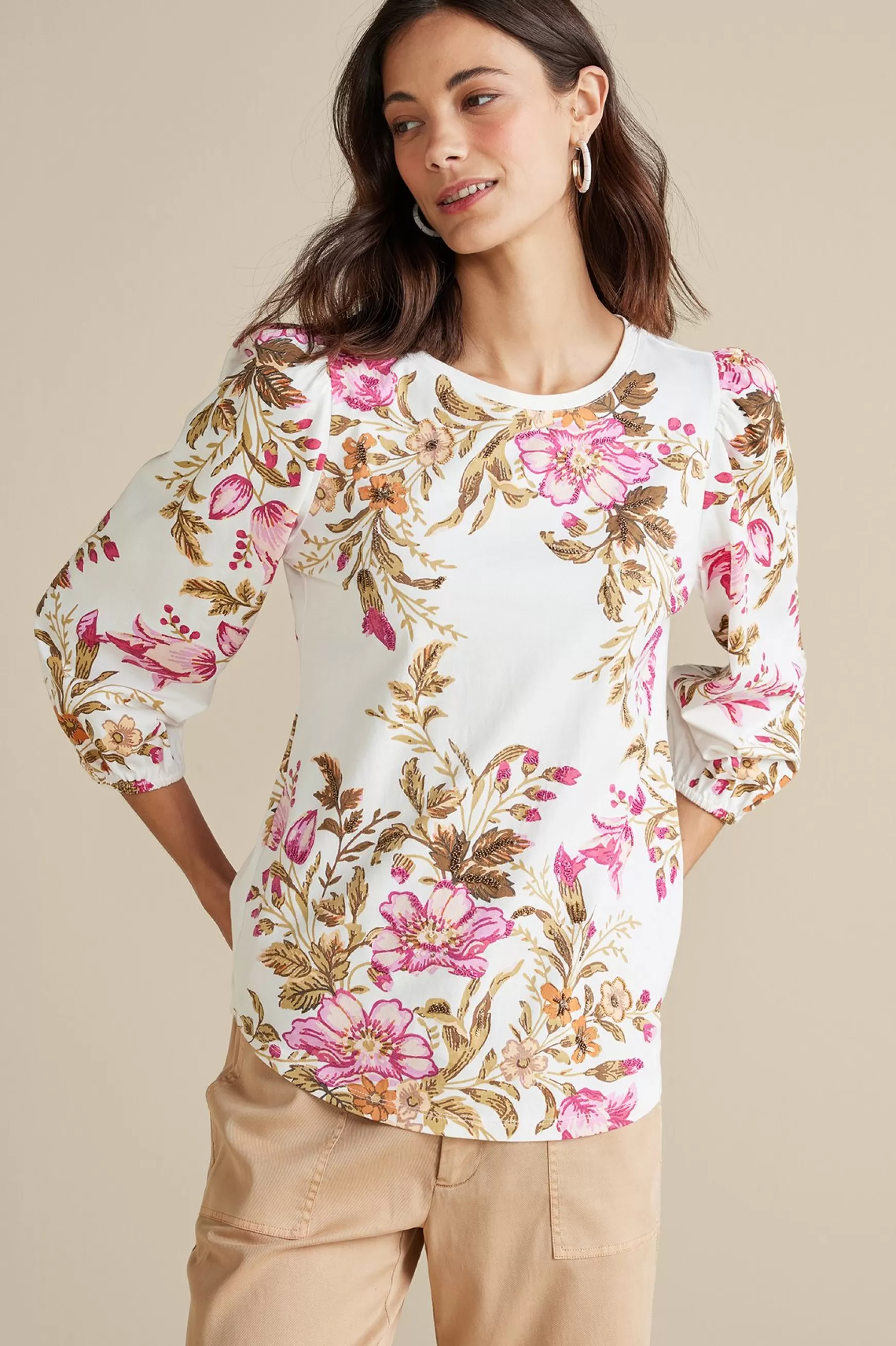 Soft Surroundings Feminine Flourish | three quarter length-Lesley Printed Top