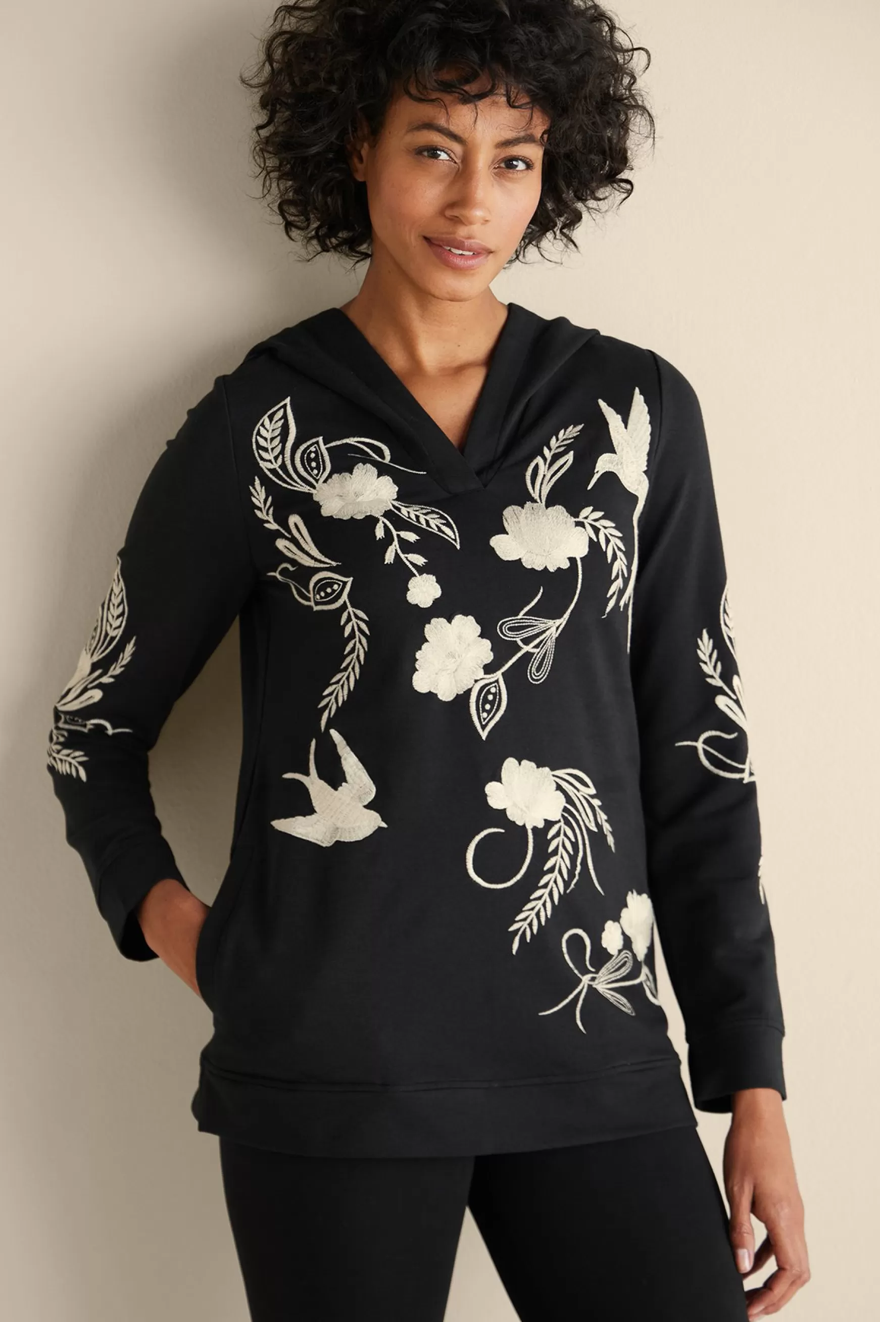 Soft Surroundings Wear Now Styles | long sleeve-Miraflores Embroidered French Terry Hoodie