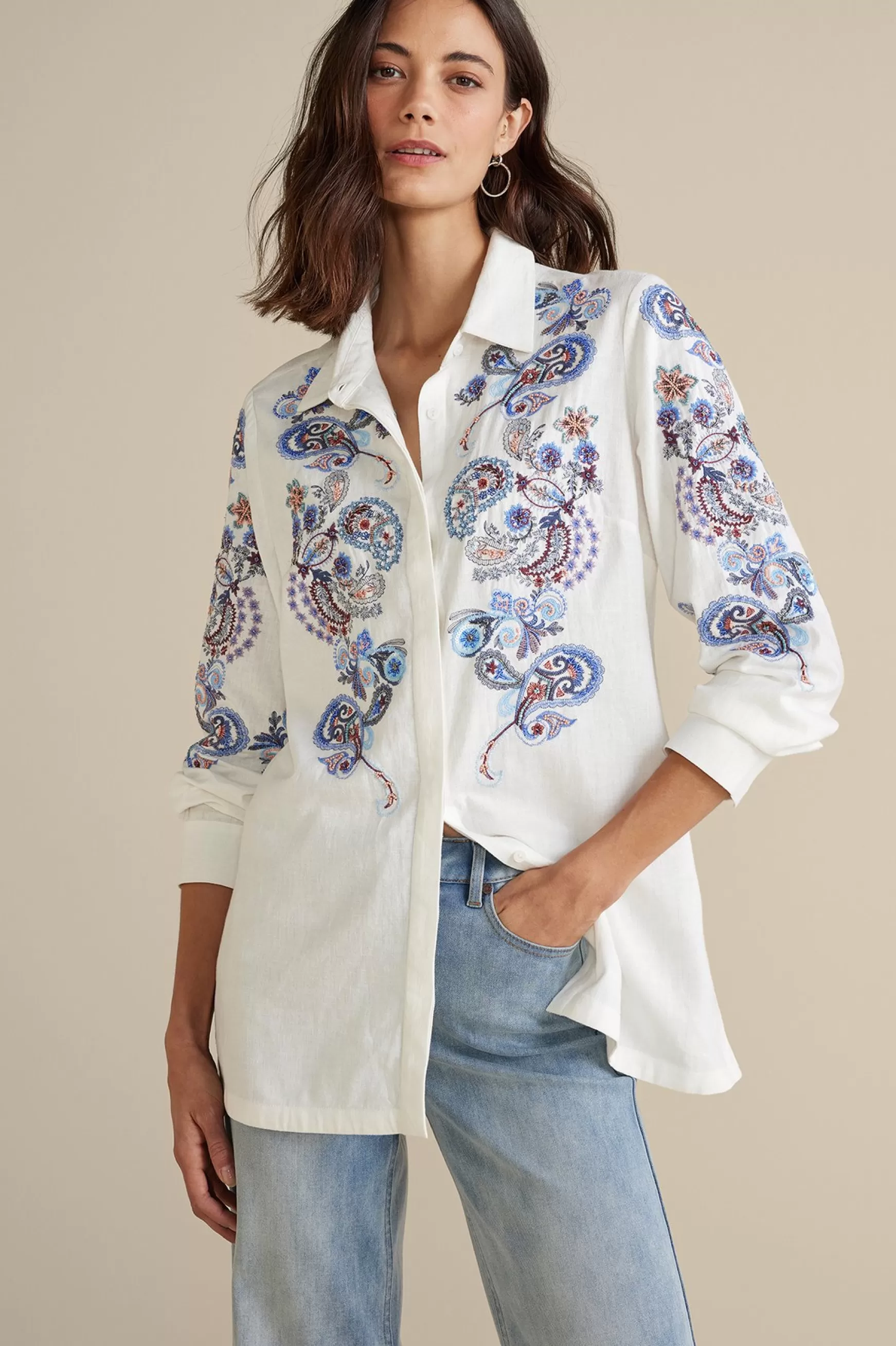 Soft Surroundings Feminine Flourish | Into The Blues-Nadia Linen Blend Shirt