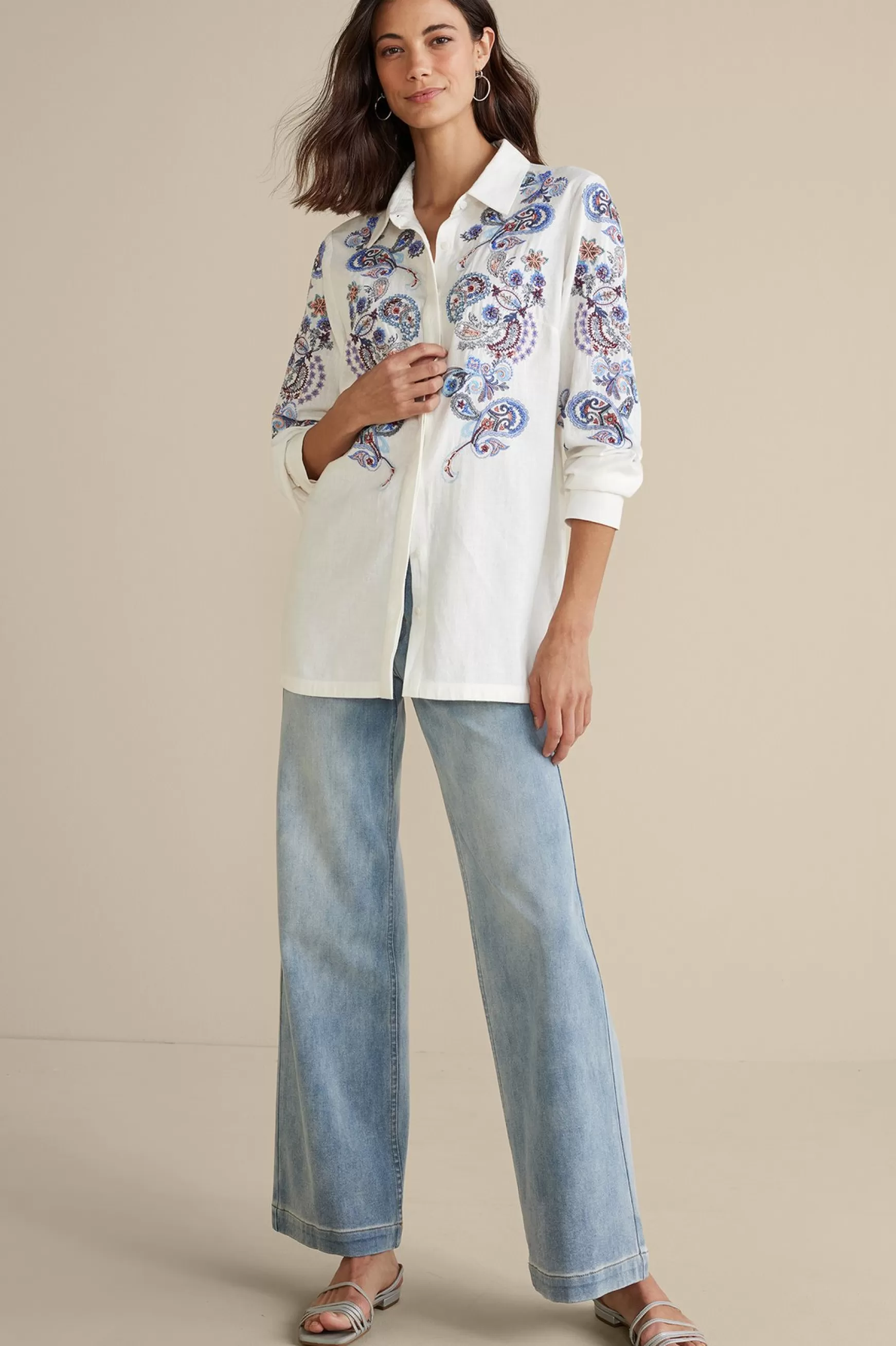 Soft Surroundings Feminine Flourish | Into The Blues-Nadia Linen Blend Shirt