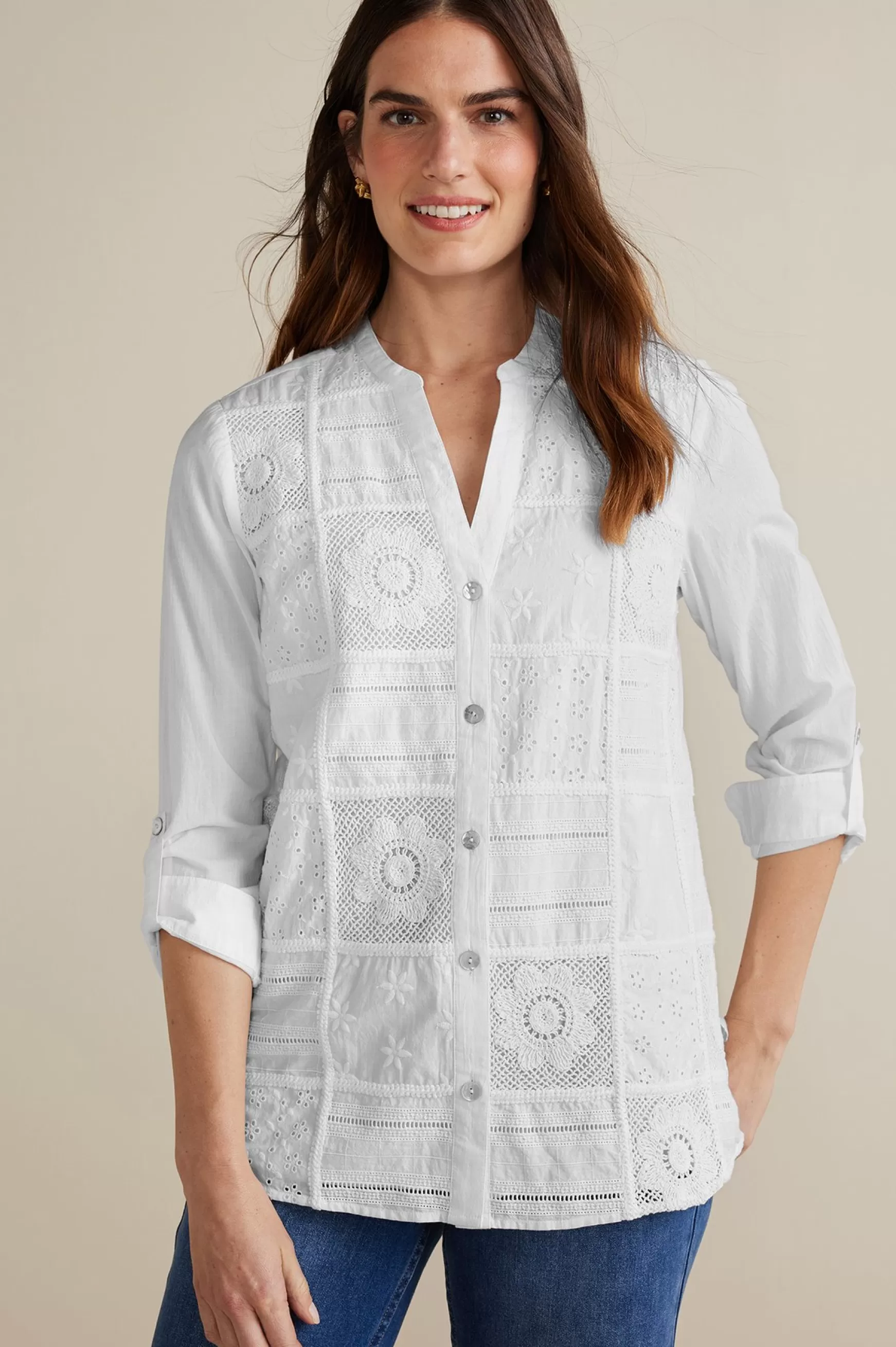 Soft Surroundings Feminine Flourish | Global Artistry-Petites Eleanor Crochet Shirt