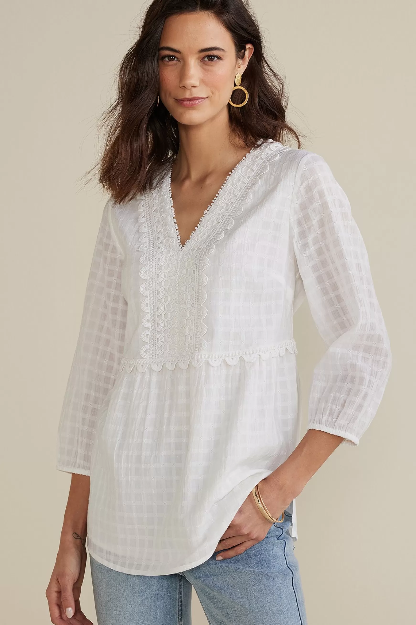 Soft Surroundings Gauze Shop-Petites Elodie Windowpane Gauze Top