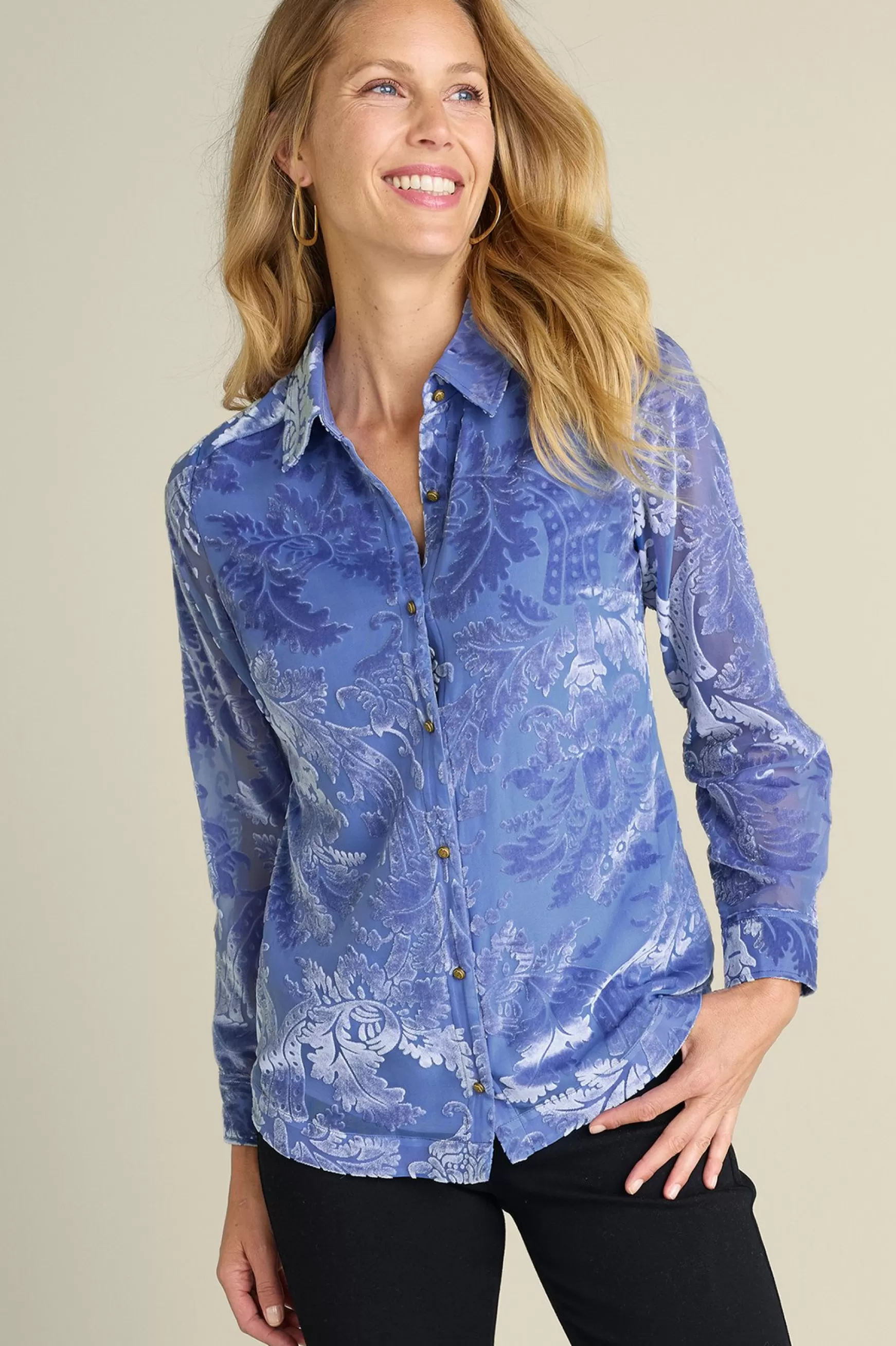 Soft Surroundings Feminine Flourish | Into The Blues-Petites Floreat Velvet Shirt