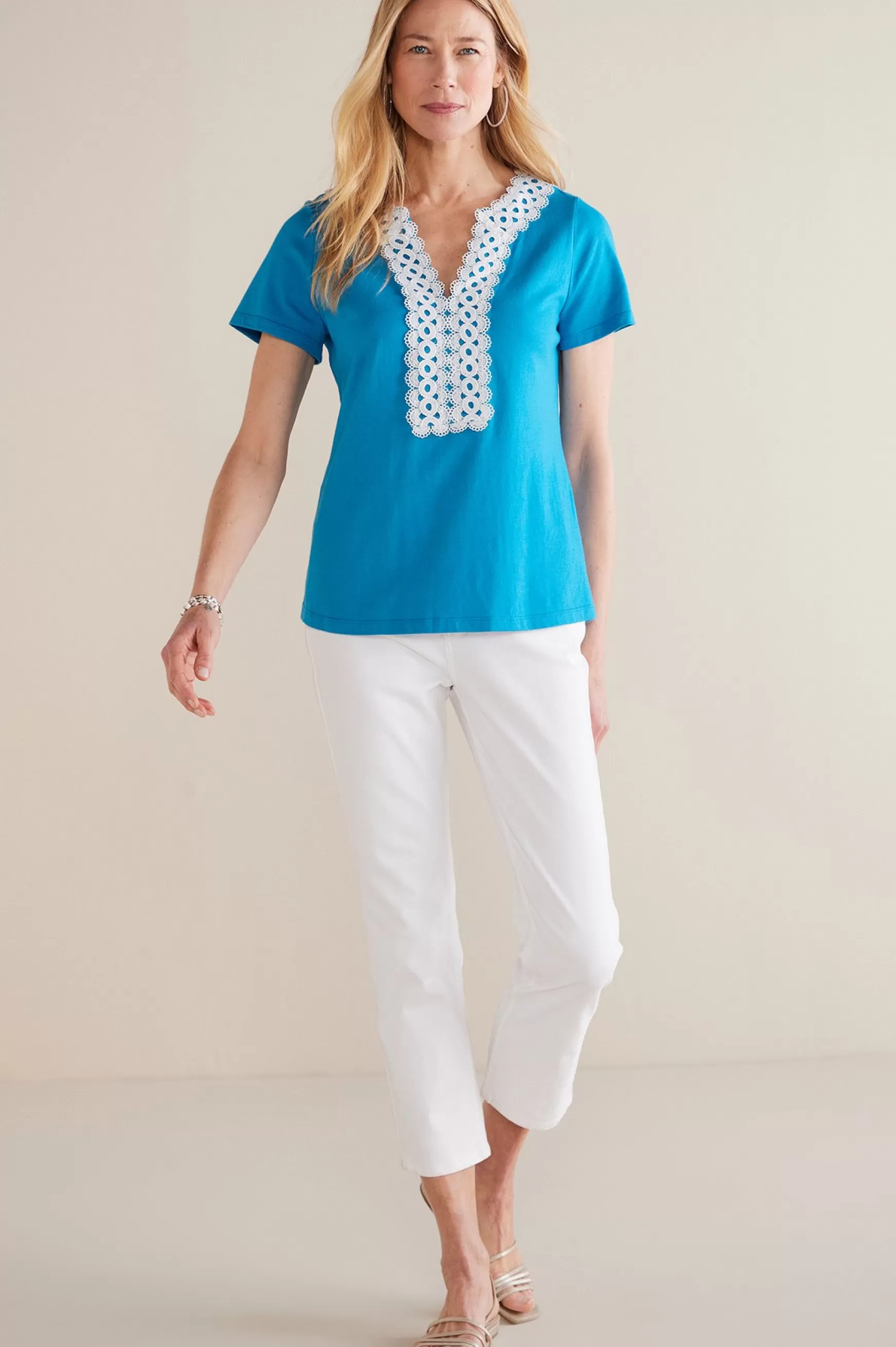 Soft Surroundings Into The Blues | Global Artistry-Petites Kaitlyn Embellished Knit Tee