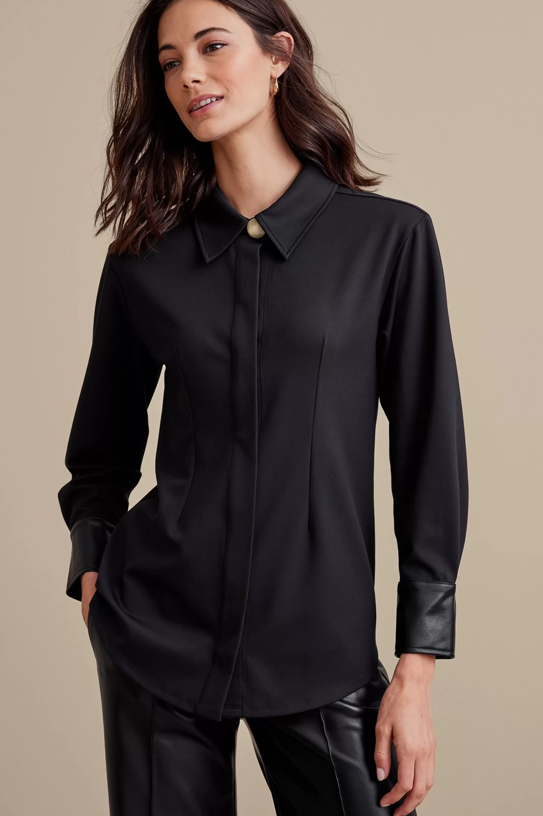 Soft Surroundings long sleeve | shirts-Petites Mattea Faux Leather Cuff Tunic