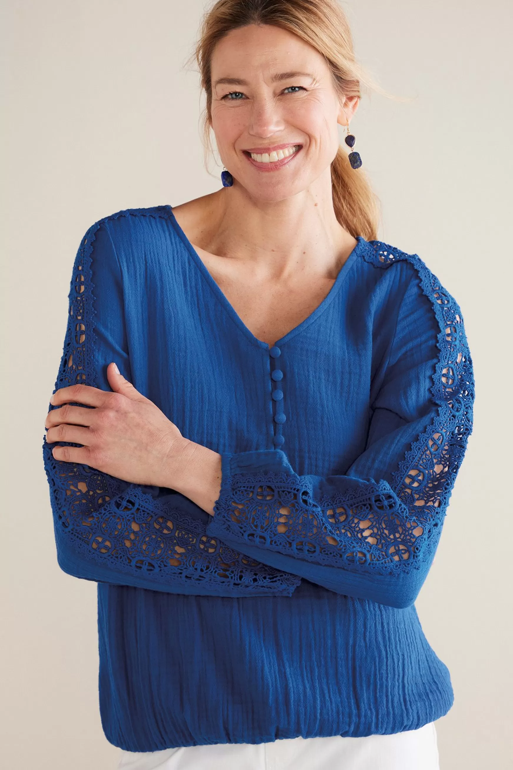 Soft Surroundings Feminine Flourish | Into The Blues-Petites Melinda Gauze & Crochet Top