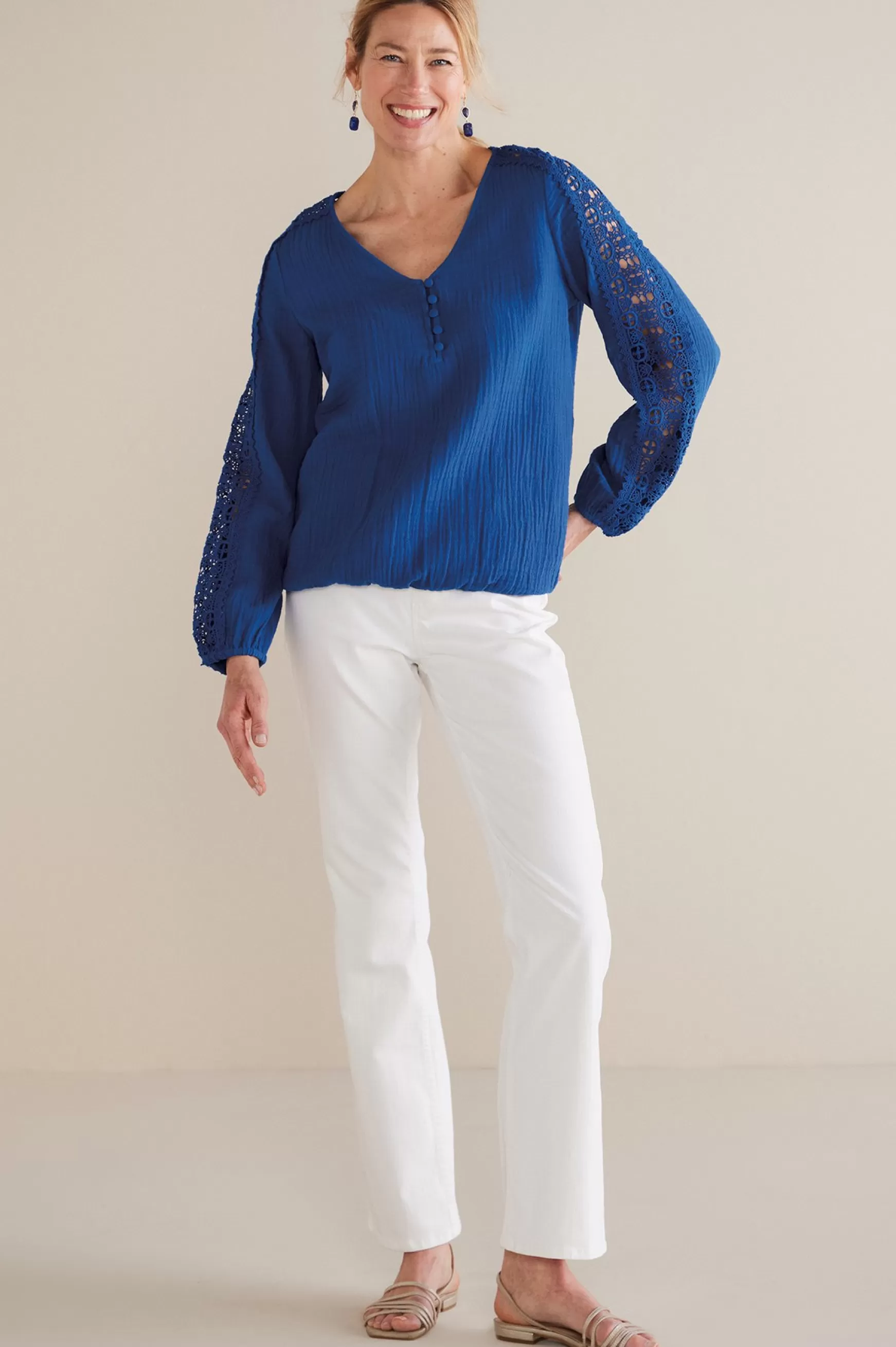 Soft Surroundings Feminine Flourish | Into The Blues-Petites Melinda Gauze & Crochet Top