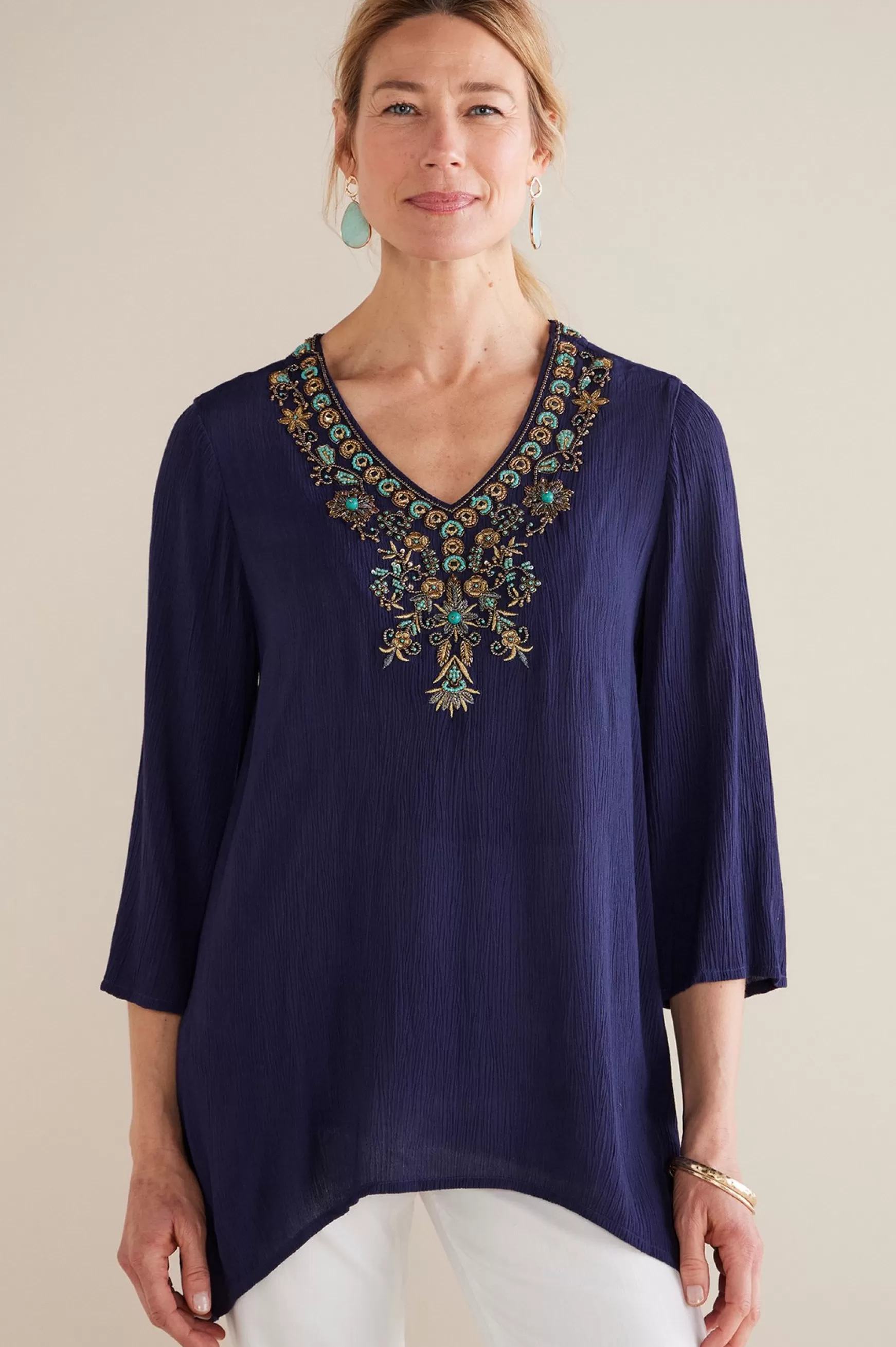 Soft Surroundings Feminine Flourish | Into The Blues-Petites Paulina Gauze Pullover