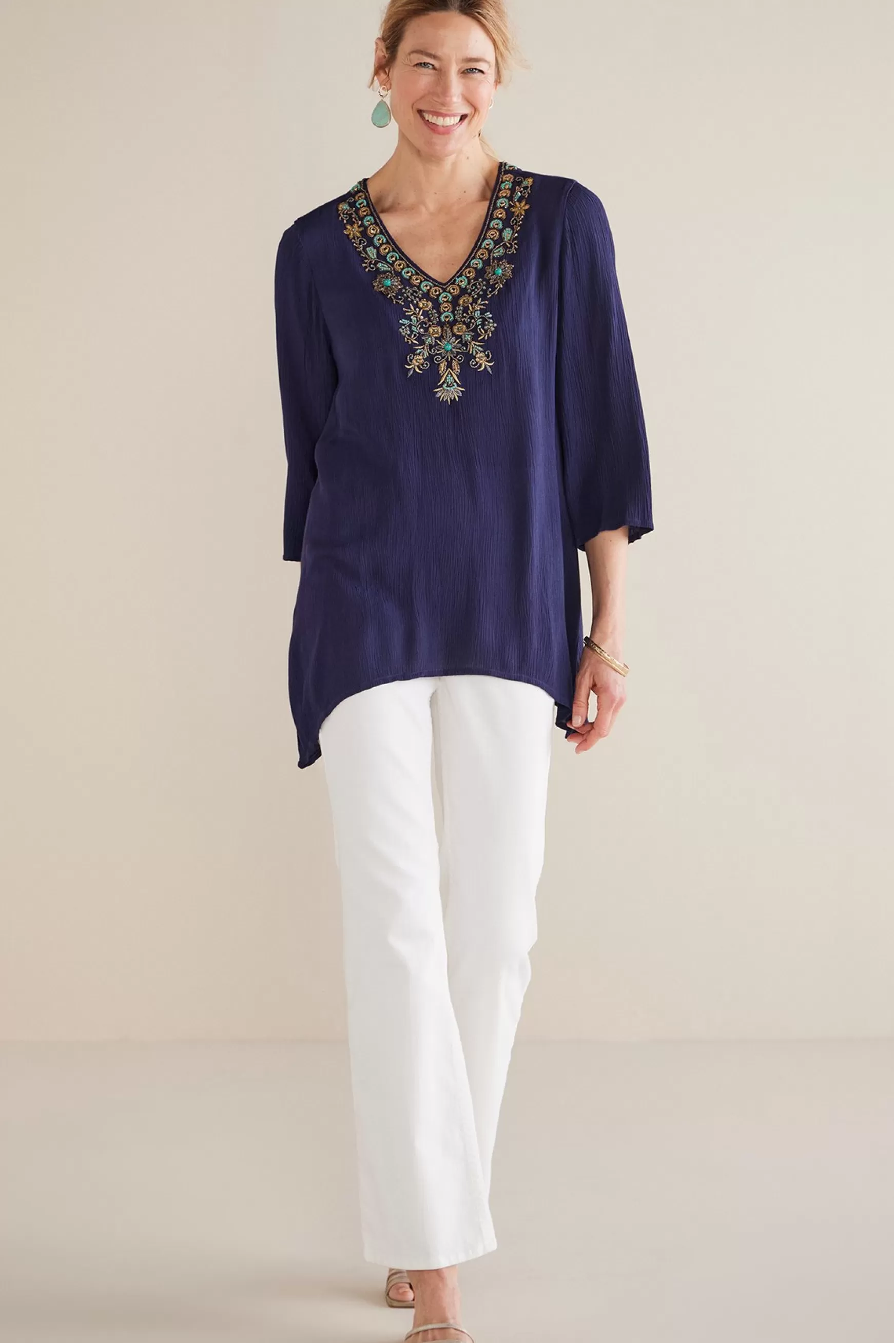 Soft Surroundings Feminine Flourish | Into The Blues-Petites Paulina Gauze Pullover