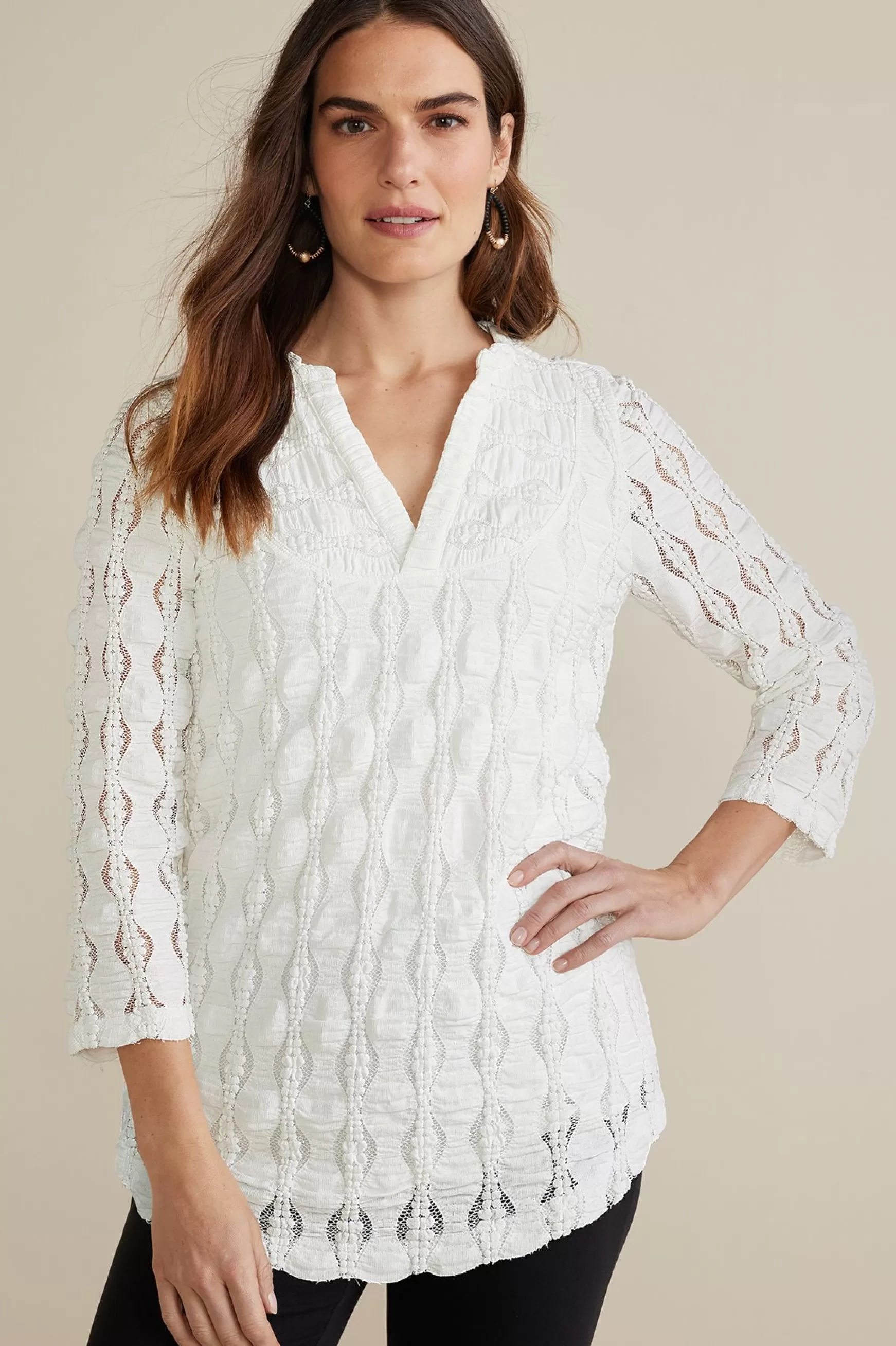 Soft Surroundings Feminine Flourish | Global Artistry-Petites Priya Knit Lace Tunic