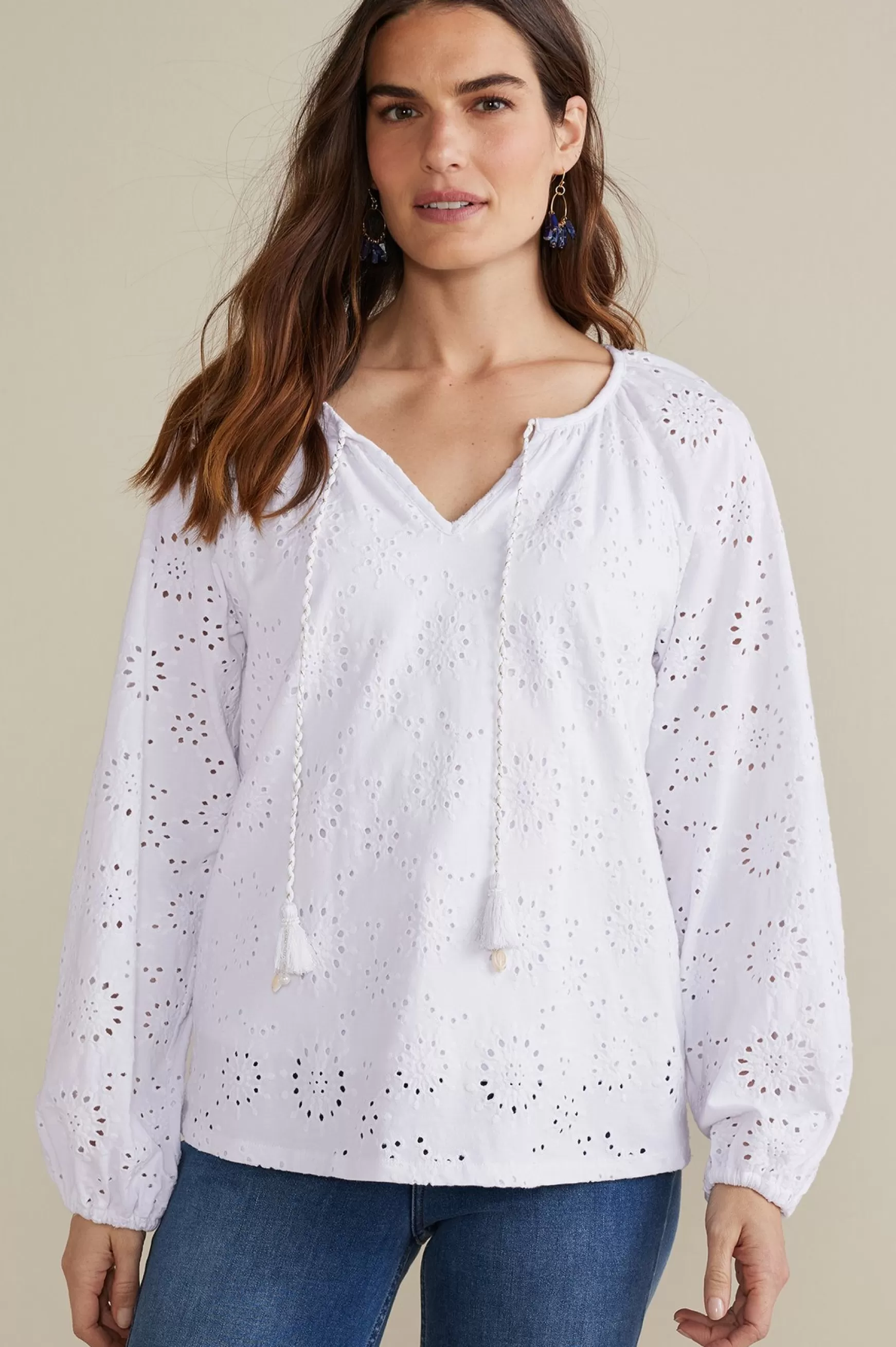 Soft Surroundings Feminine Flourish | Global Artistry-Petites Rhiannon Eyelet Peasant Top