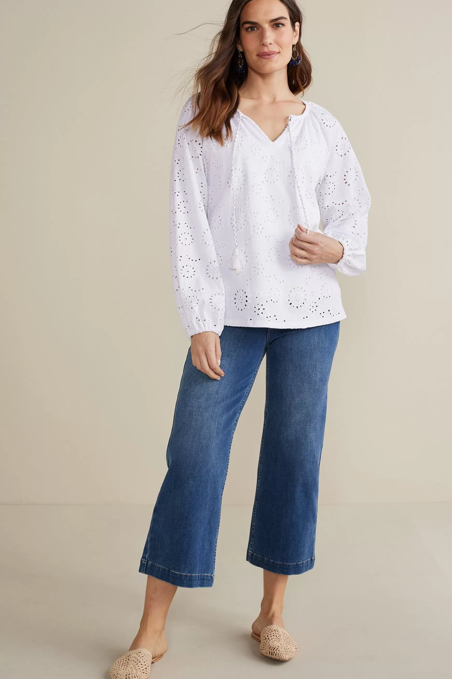 Soft Surroundings Feminine Flourish | Global Artistry-Petites Rhiannon Eyelet Peasant Top