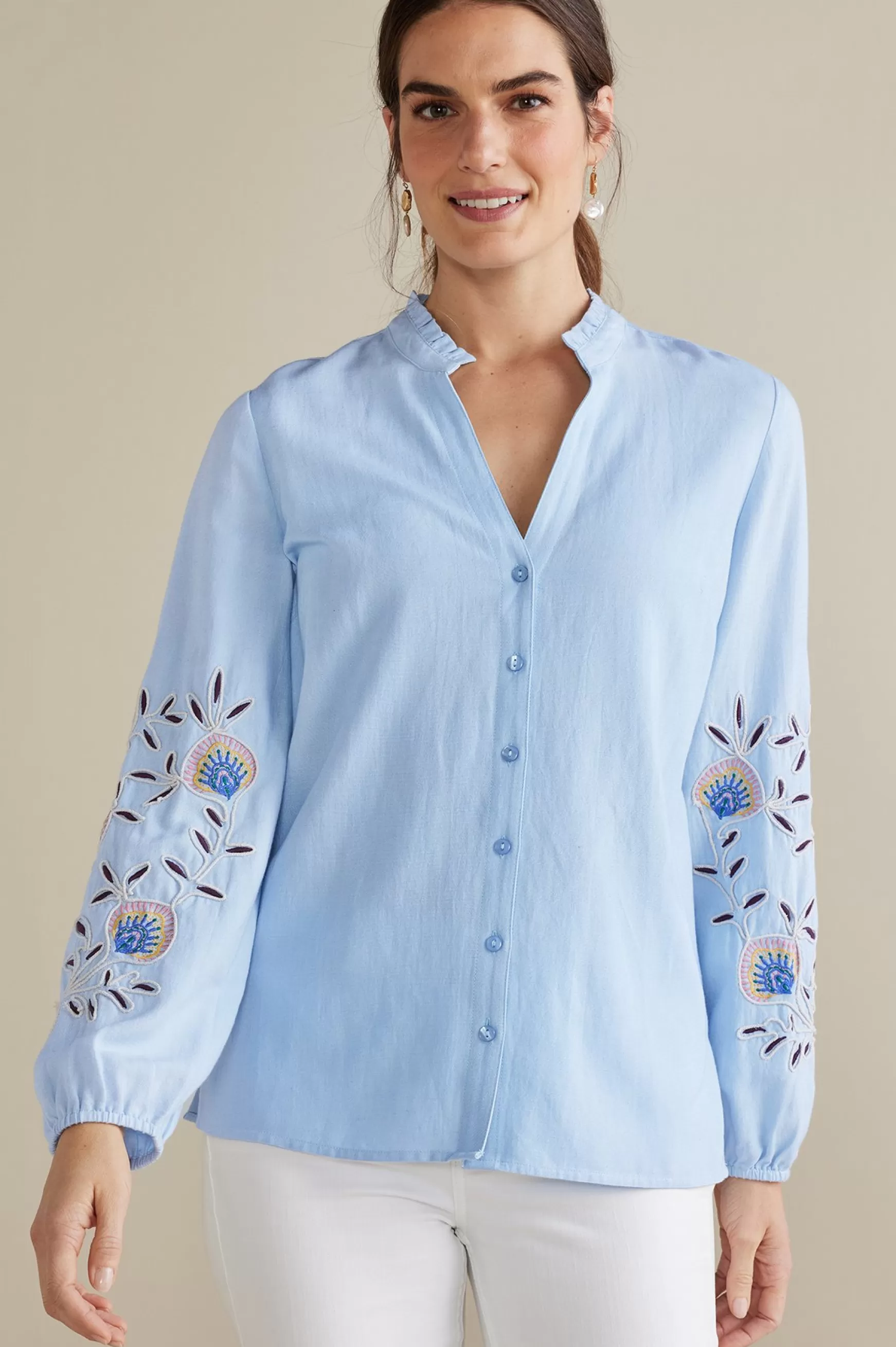 Soft Surroundings Into The Blues-Petites Titania Embroidered Top