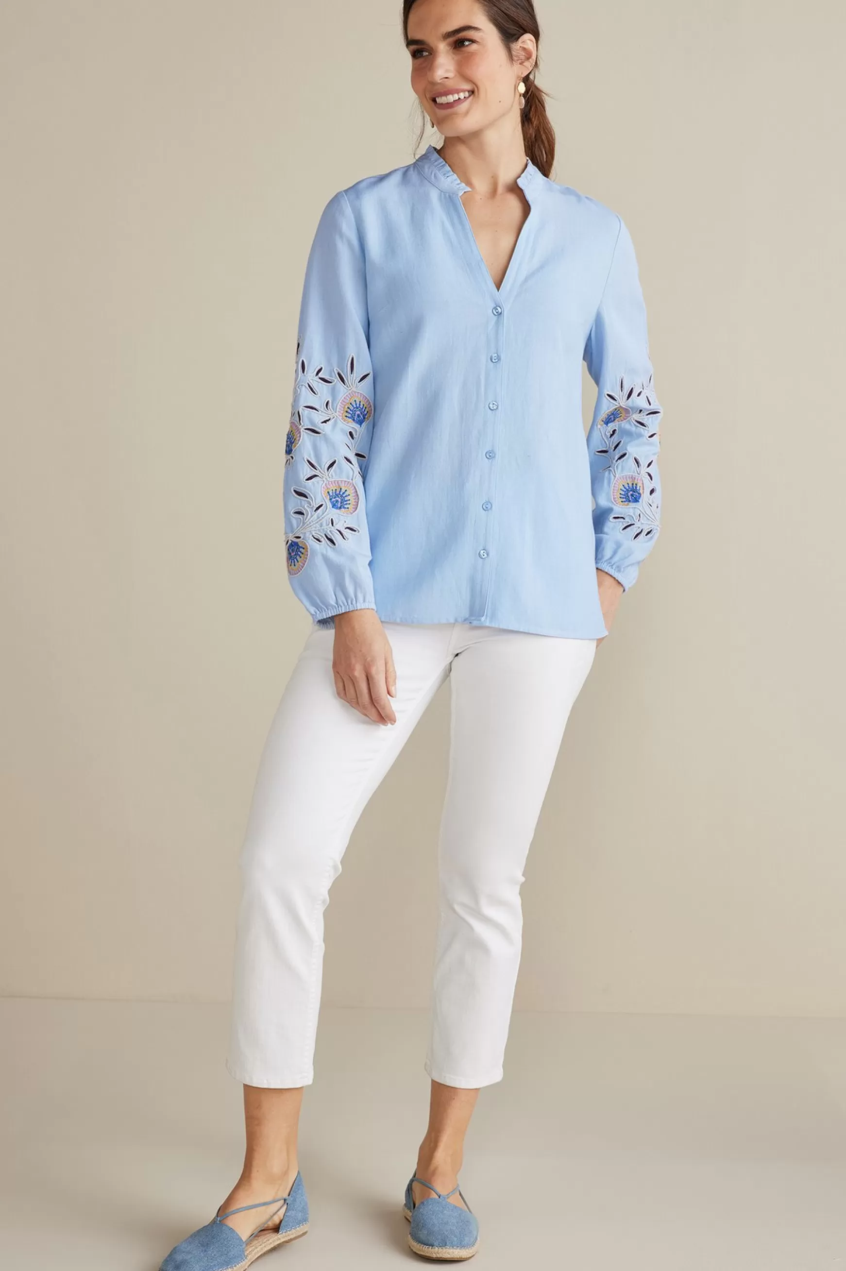 Soft Surroundings Into The Blues-Petites Titania Embroidered Top