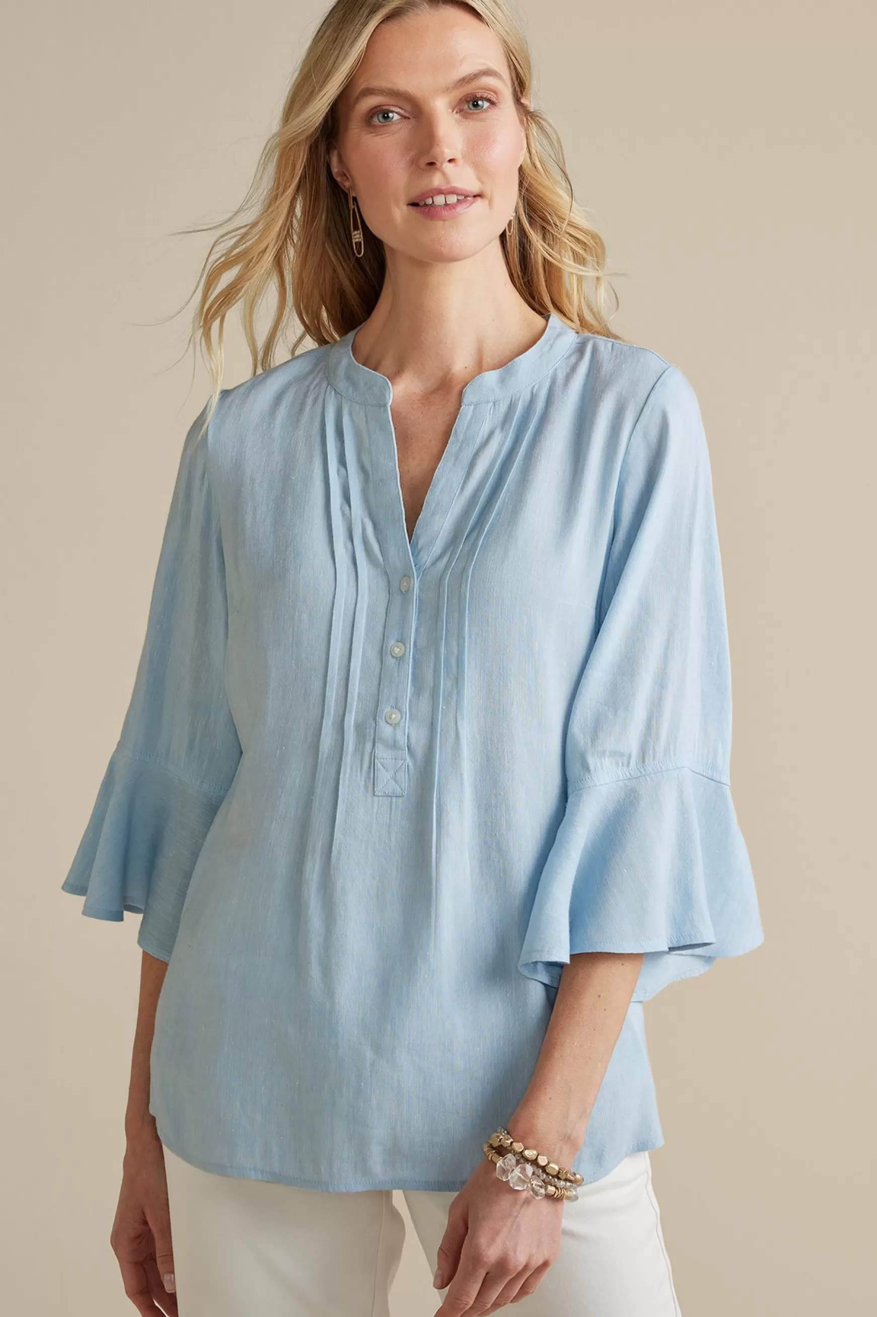 Soft Surroundings Feminine Flourish | Into The Blues-Raisa Linen Blend Top