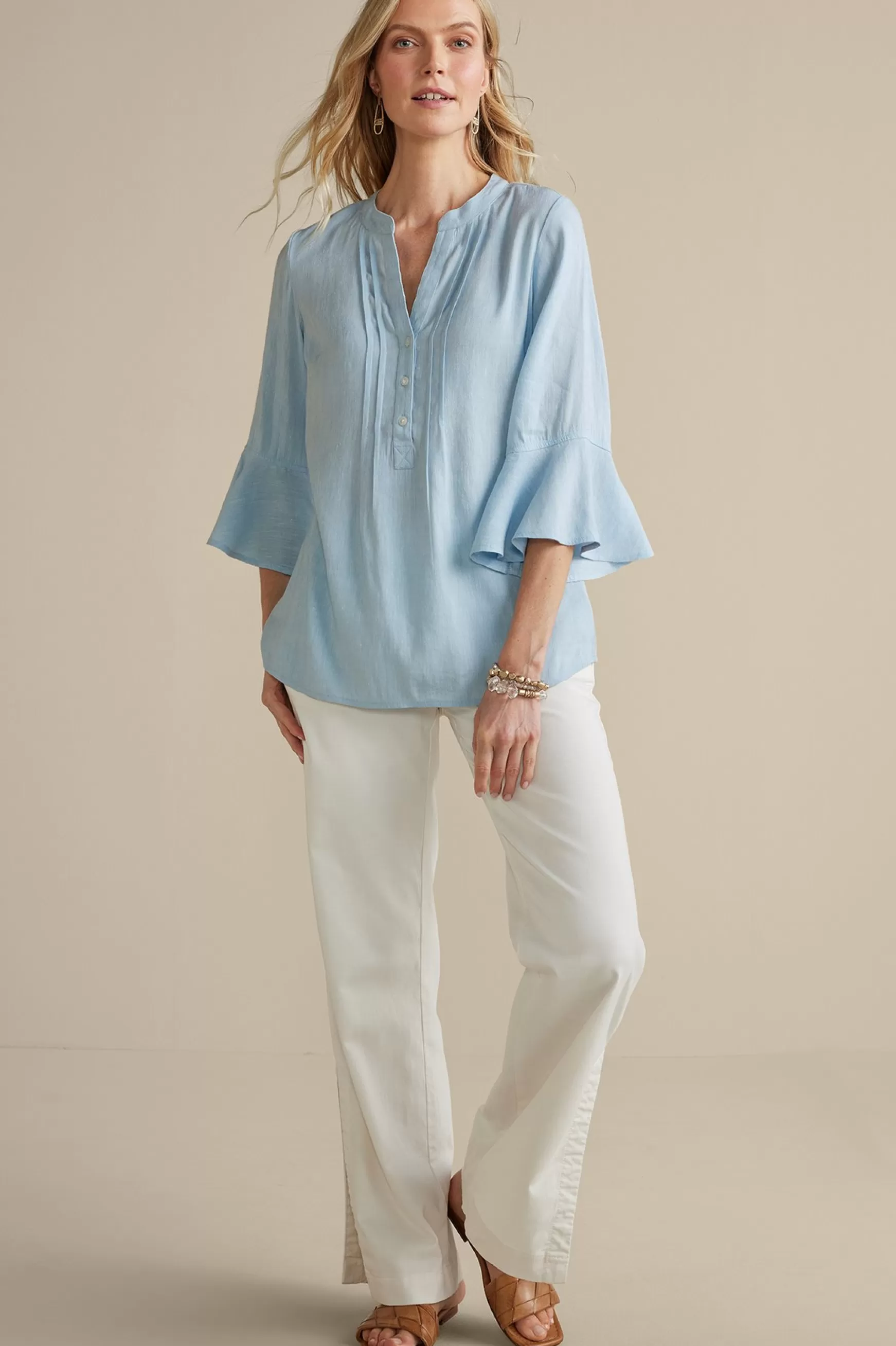 Soft Surroundings Feminine Flourish | Into The Blues-Raisa Linen Blend Top