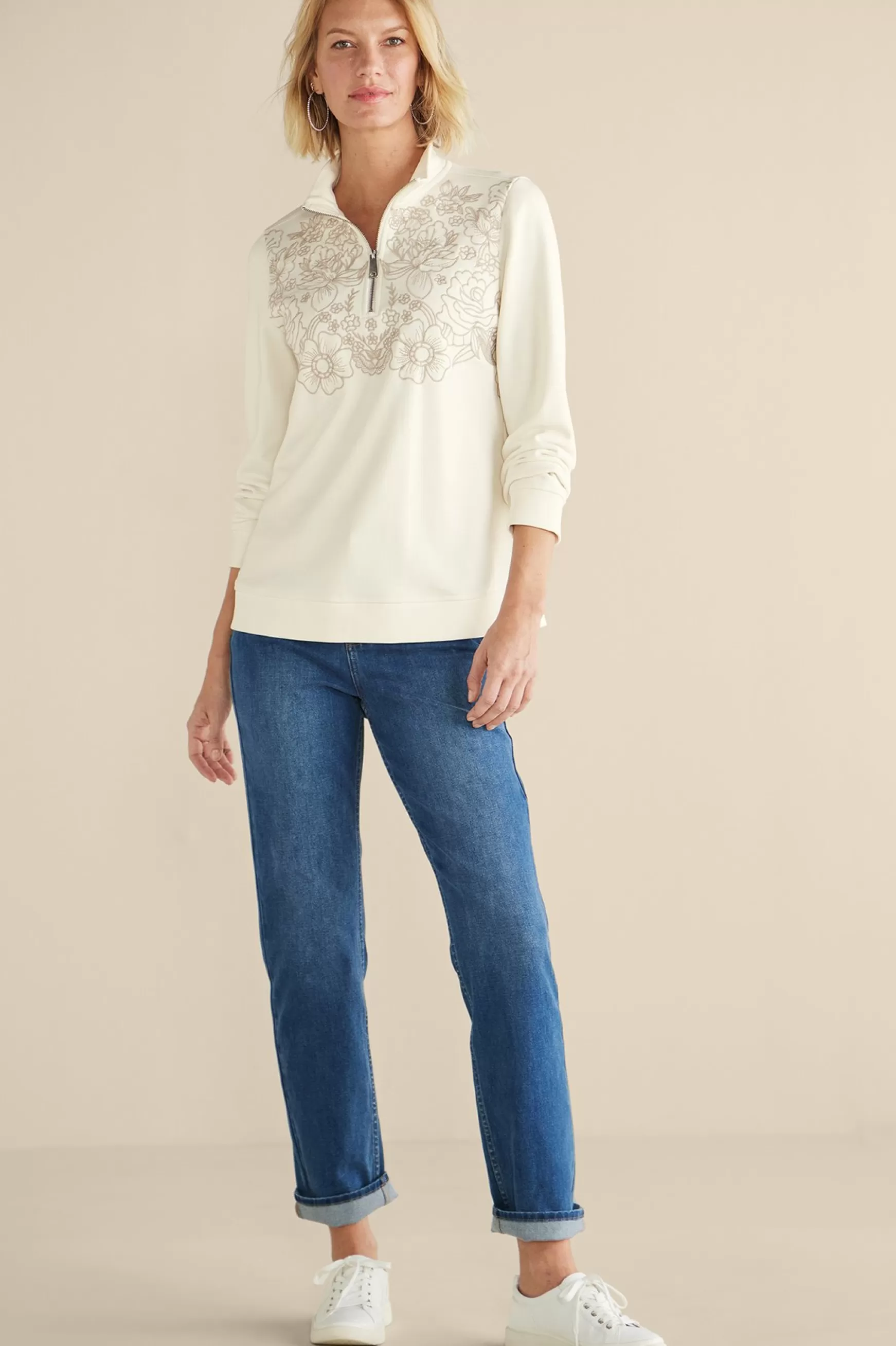 Soft Surroundings Feminine Flourish | Wear Now Styles-Rochelle Embroidered French Terry Pullover