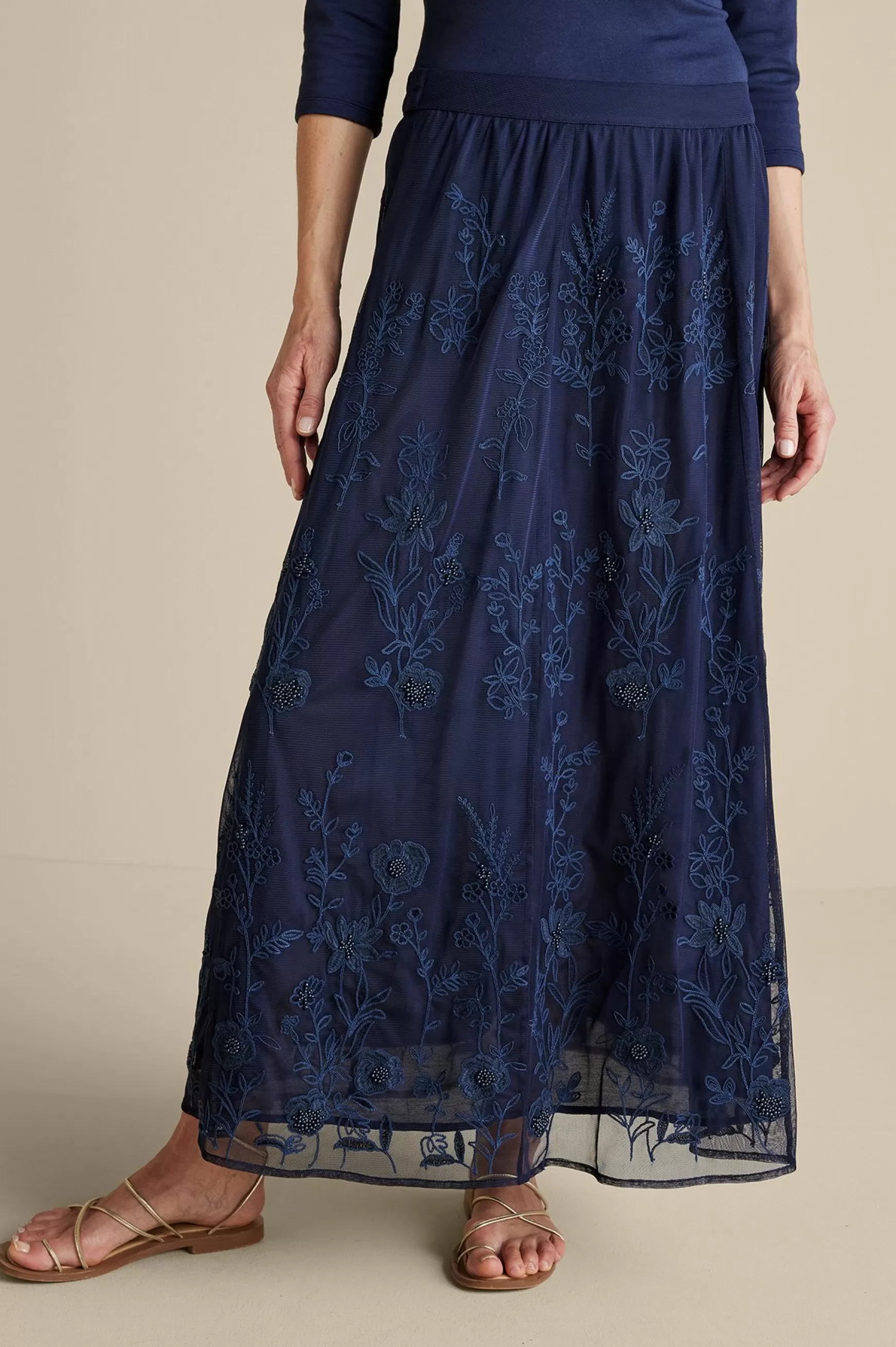 Soft Surroundings Feminine Flourish | Into The Blues-Zuri Embroidered Mesh Skirt